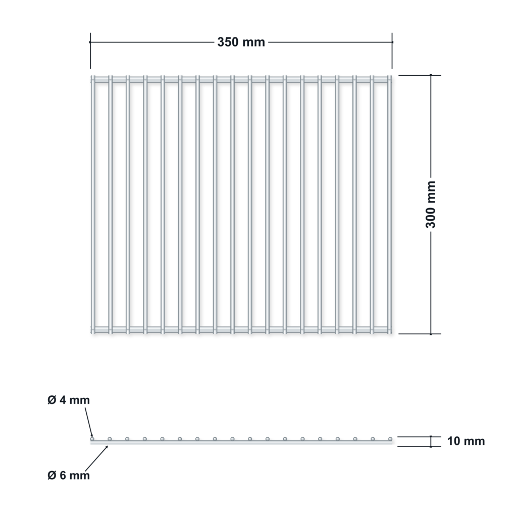 Technický výkres rozměrů nerezového grilovacího roštu DEOS 350 x 300 mm