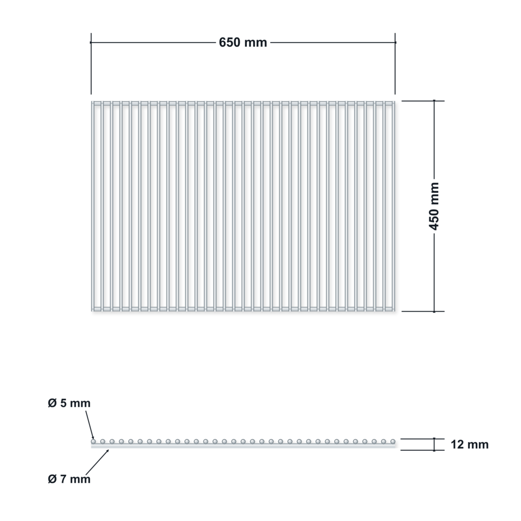 Technický výkres rozměrů nerezového grilovacího roštu DEOS 650 x 450 mm